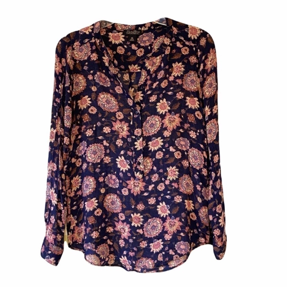 Lucky Brand Floral Blouse Long Sleeve Blue & Pink Sz XS